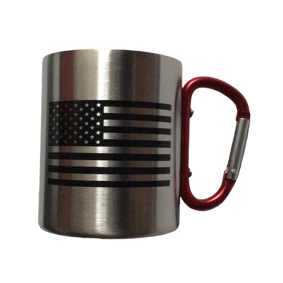Bay Island Silver Stainless Steel Red Carabiner Handle American Flag Mug NWOT - Picture 1 of 12
